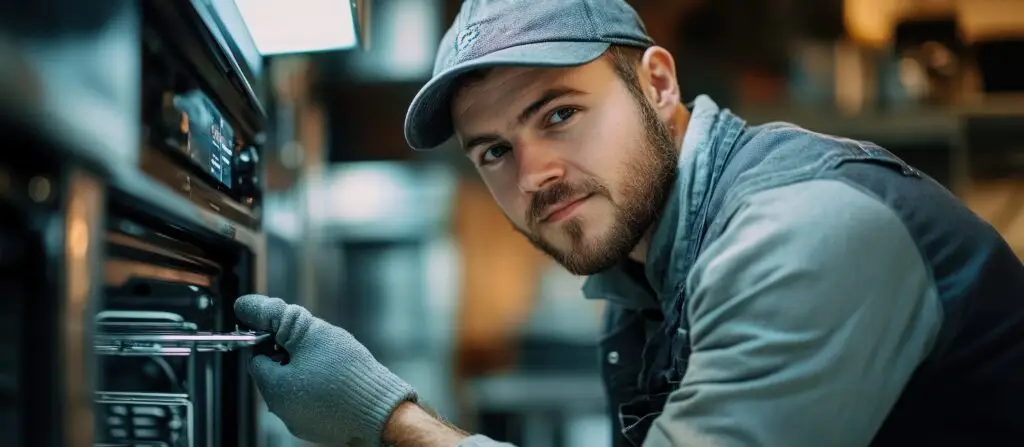 Commercial appliance repair technician servicing a commercial oven in Toronto