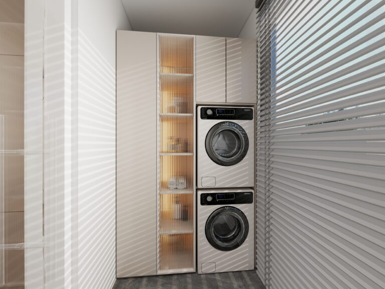 LG WashTower stacked washer dryer in a modern Toronto condo laundry closet