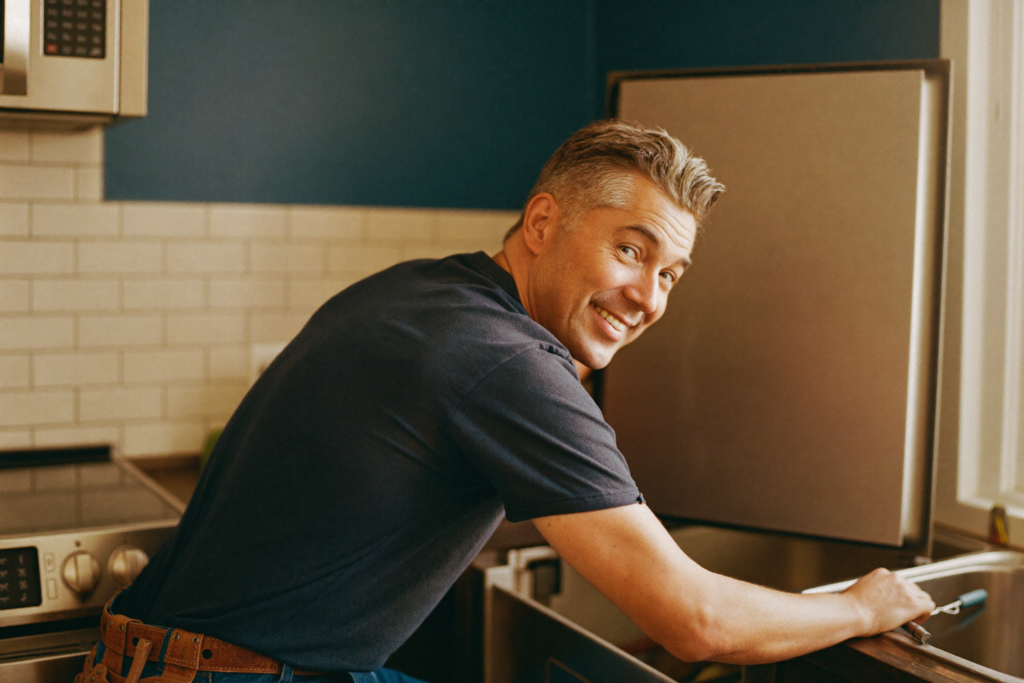 Jim, Duckhead's appliance repair technician, at work in a Toronto condo kitchen