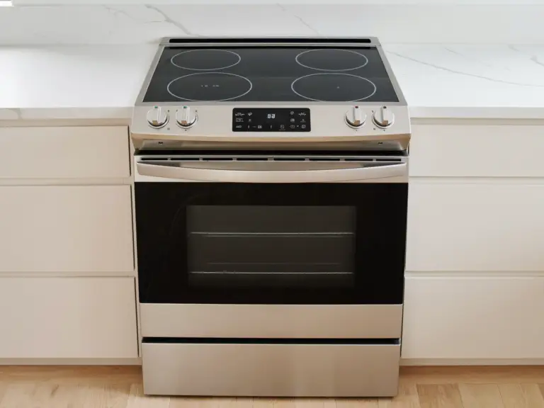 A stainless-steel electric range with a flat ceramic-glass cooktop in a bright Toronto kitchen
